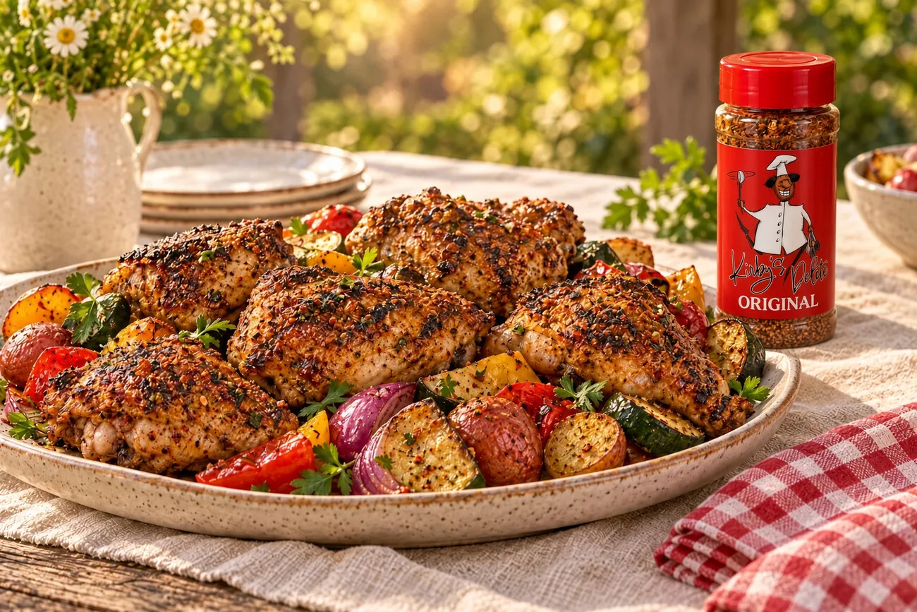 AI-styled serving idea with seasoned chicken, vegetables and a Kirby's Delites Original concept bottle