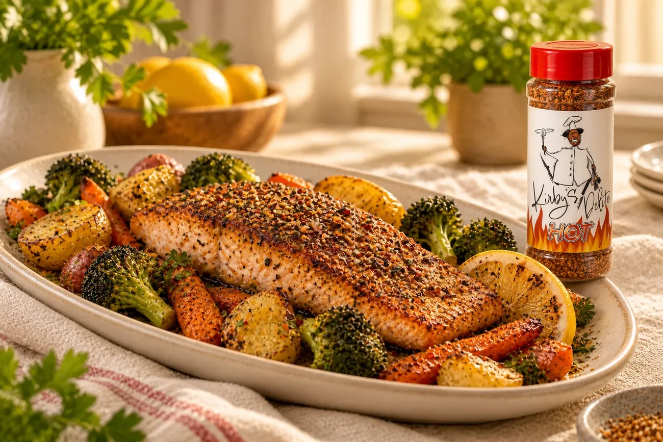 AI-styled serving idea with seasoned salmon, vegetables and a Kirby's Delites Hot concept bottle