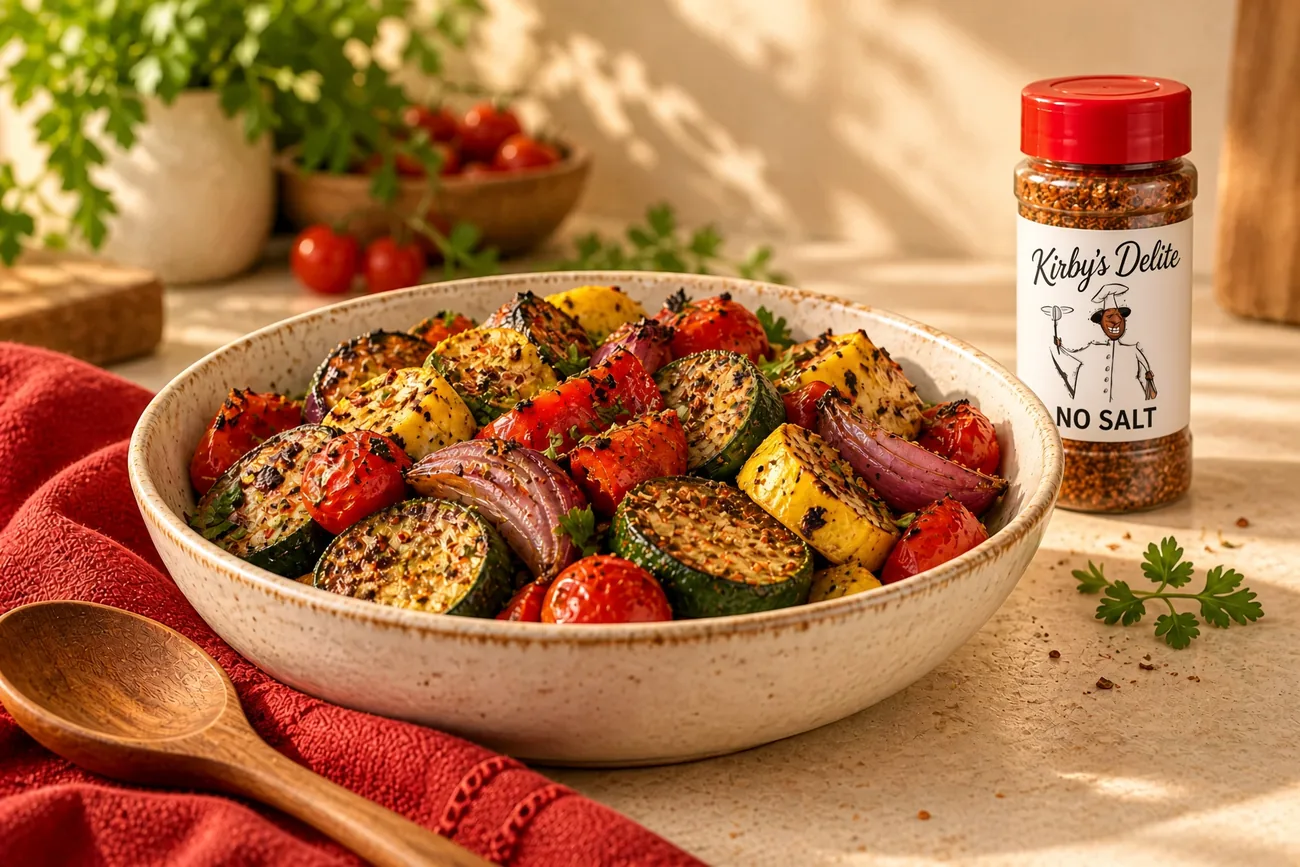 AI-styled serving idea with roasted vegetables and a Kirby's Delites No Salt concept bottle