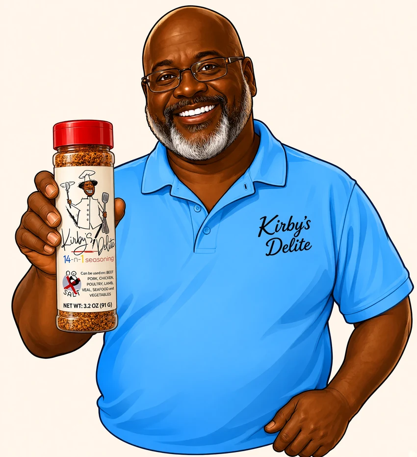 AI-styled illustration of Kirby holding a Kirby's Delites No Salt seasoning bottle with its real label