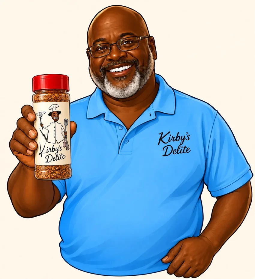 AI-styled illustration of Kirby holding a Kirby's Delites seasoning bottle